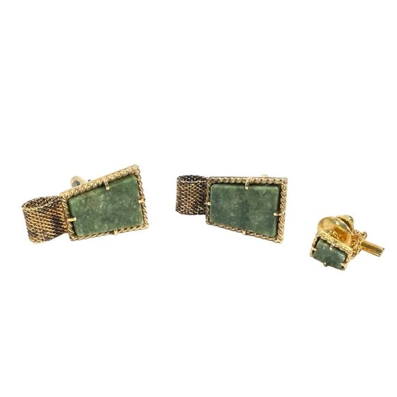 Cufflinks Tie Tack Goldtone Jade Look Stone Wraparound Mesh - Picture 1 of 5